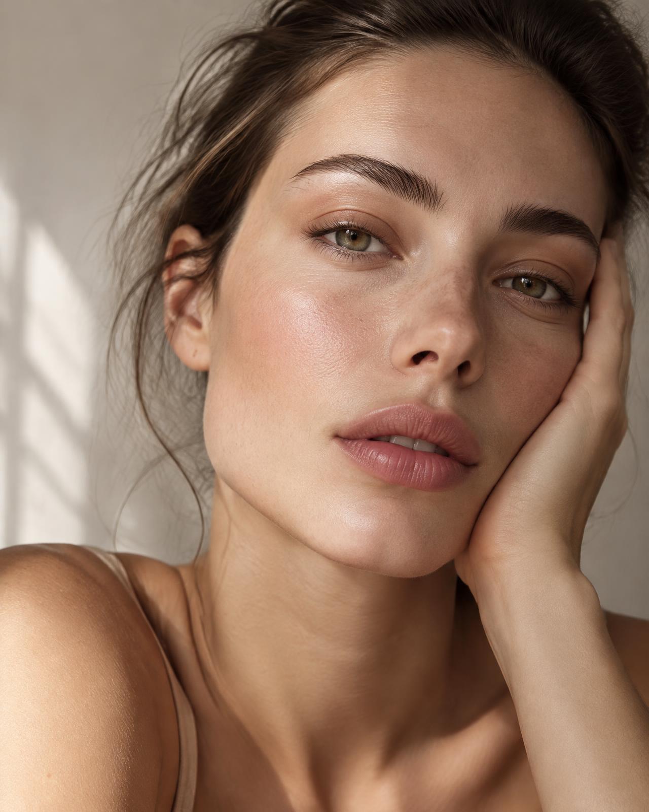 Close portrait of a woman with soft natural lips and brows